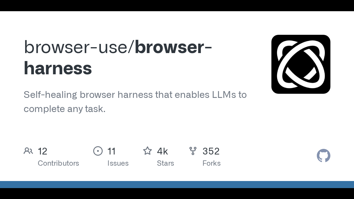 browser-harness - 给 LLM 完全自由的浏览器自愈合自动化框架