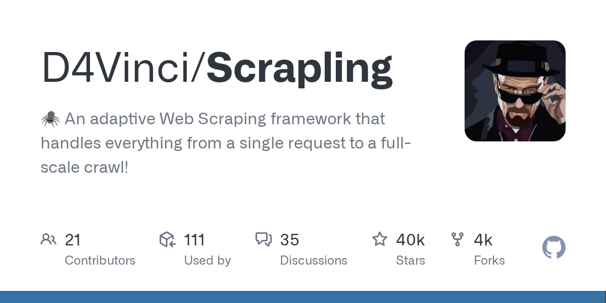 Scrapling - 自适应 Python 网页爬虫框架，内置反爬虫绕过与 MCP Server