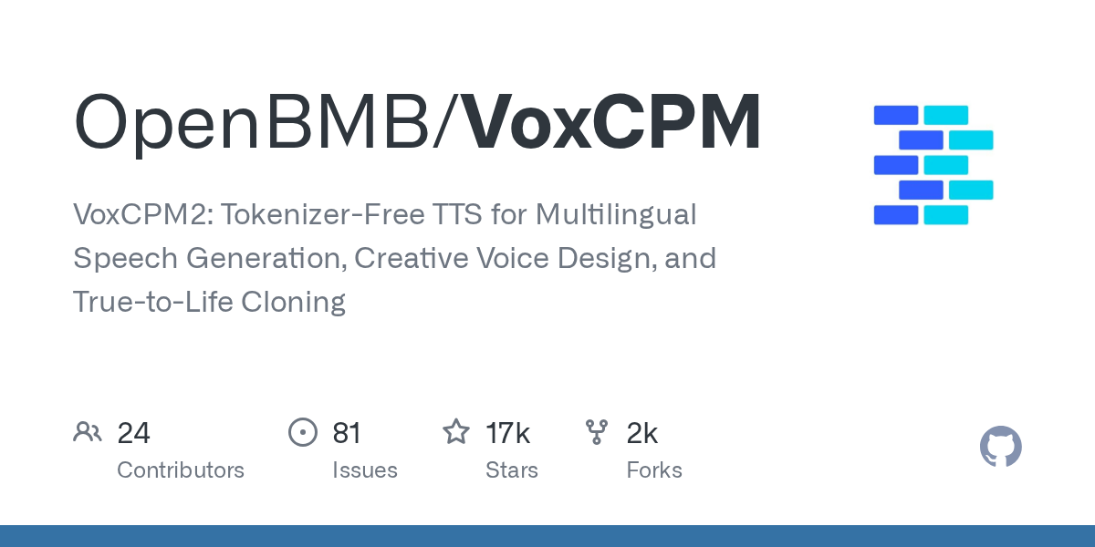 VoxCPM2 - 开源无分词器 TTS 模型，30 语言语音合成与声音克隆